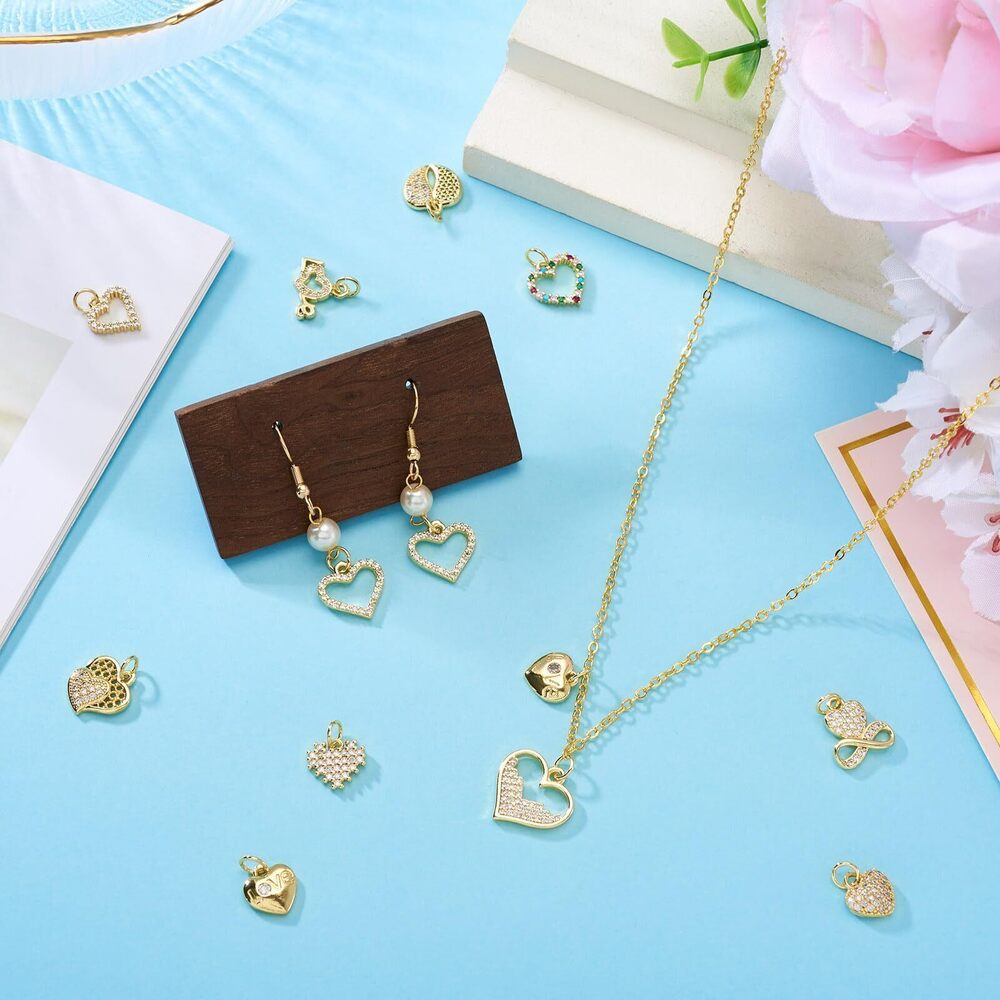 6329 12Pcs Brass 18K Gold Plated Heart Charms Cubic Zirconia Crystal Charms - Picture 2 of 7